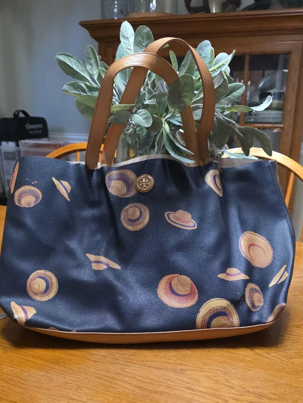 Tory Burch Navy Hat-Print Tote with Tan Leather Handles